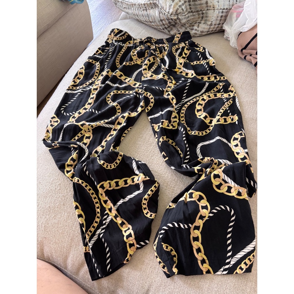 Indero Womens Black Gold Chain Link Print Wide Leg Rayon Pants Size M
